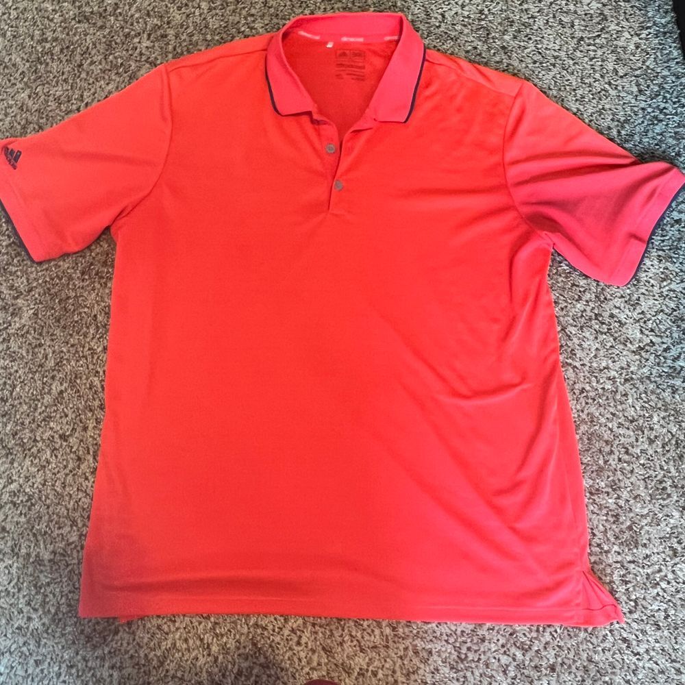 Adidas ClimaCool Performance Golf Polo Shirt Red Orange Navy Trim Athletic Sport